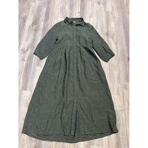 Poetry Green Gingham 100% Linen Shirt Dress Womens US 8 Pleated Waist 3/4 Sleeve